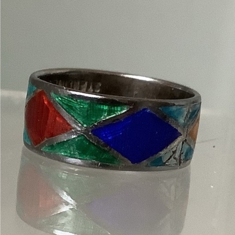 New vintage silver colourful harlequin cloisonné ring - Picture 4 of 12